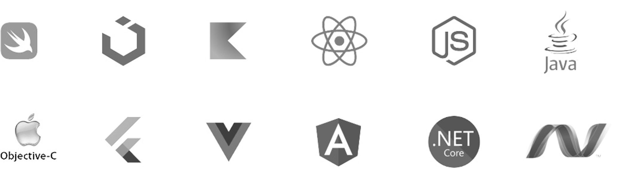 Icons of Swift, UI Kit, Kotlin, React, NodeJS, Java, Objective-C, Flutter, VueJS, Angular, .NET Core, and ASP.NET