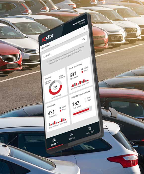 A dealership lot with a line of cars and a floating phone with the Xcite app overlaying.