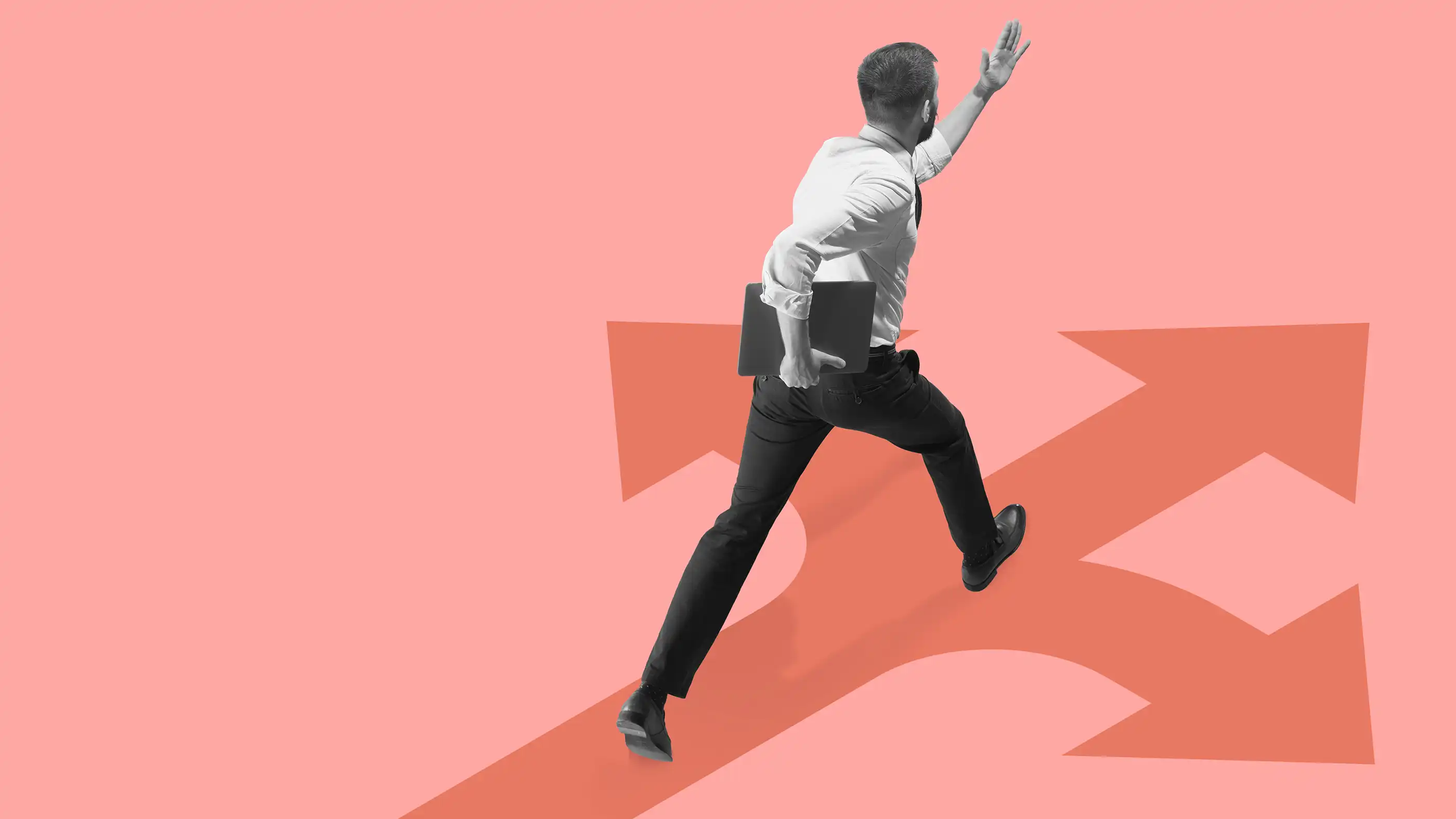 A man walks determined down a path that splits into three directions.