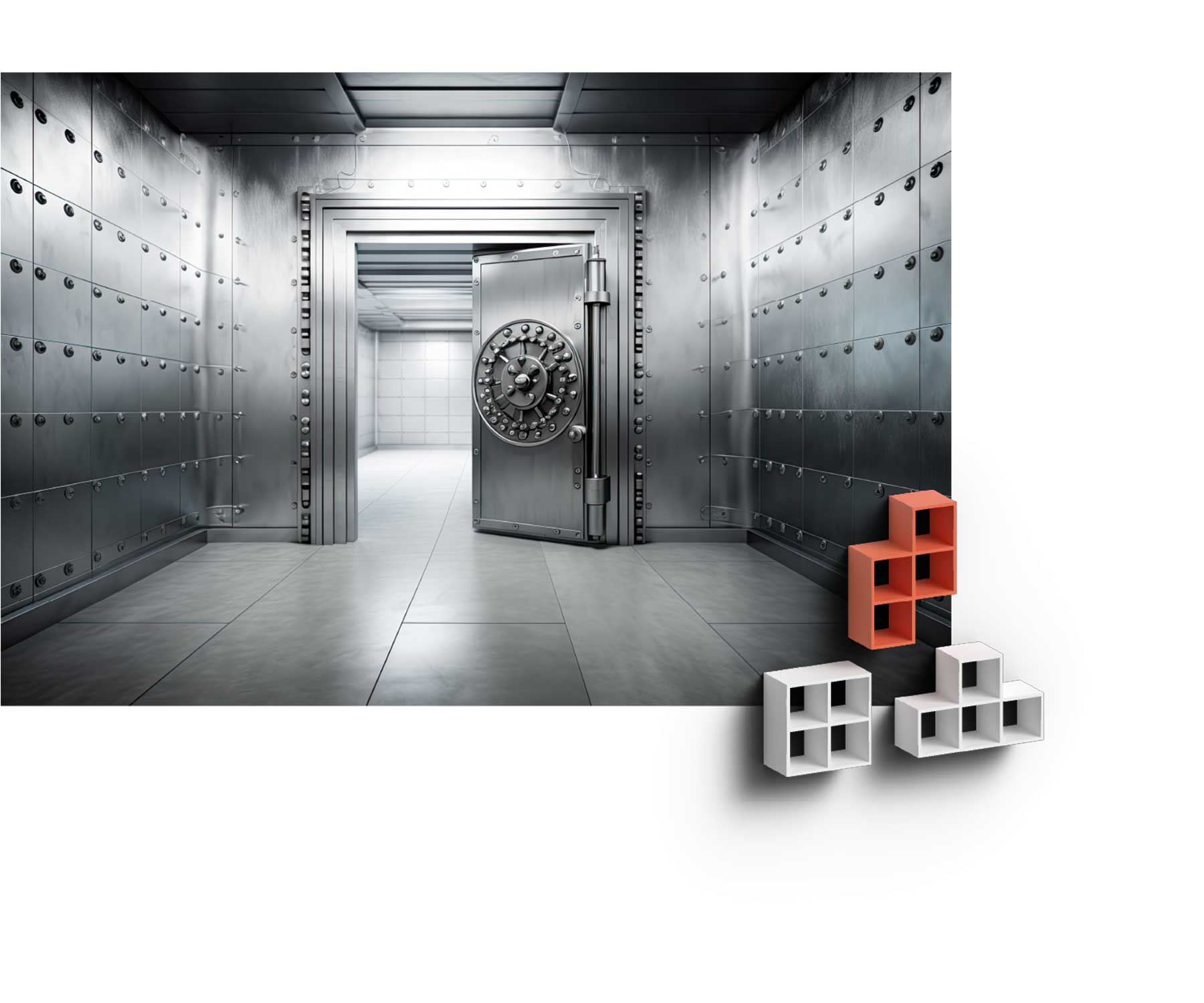 A room is lined with safes and a vault in the back is closing its door.