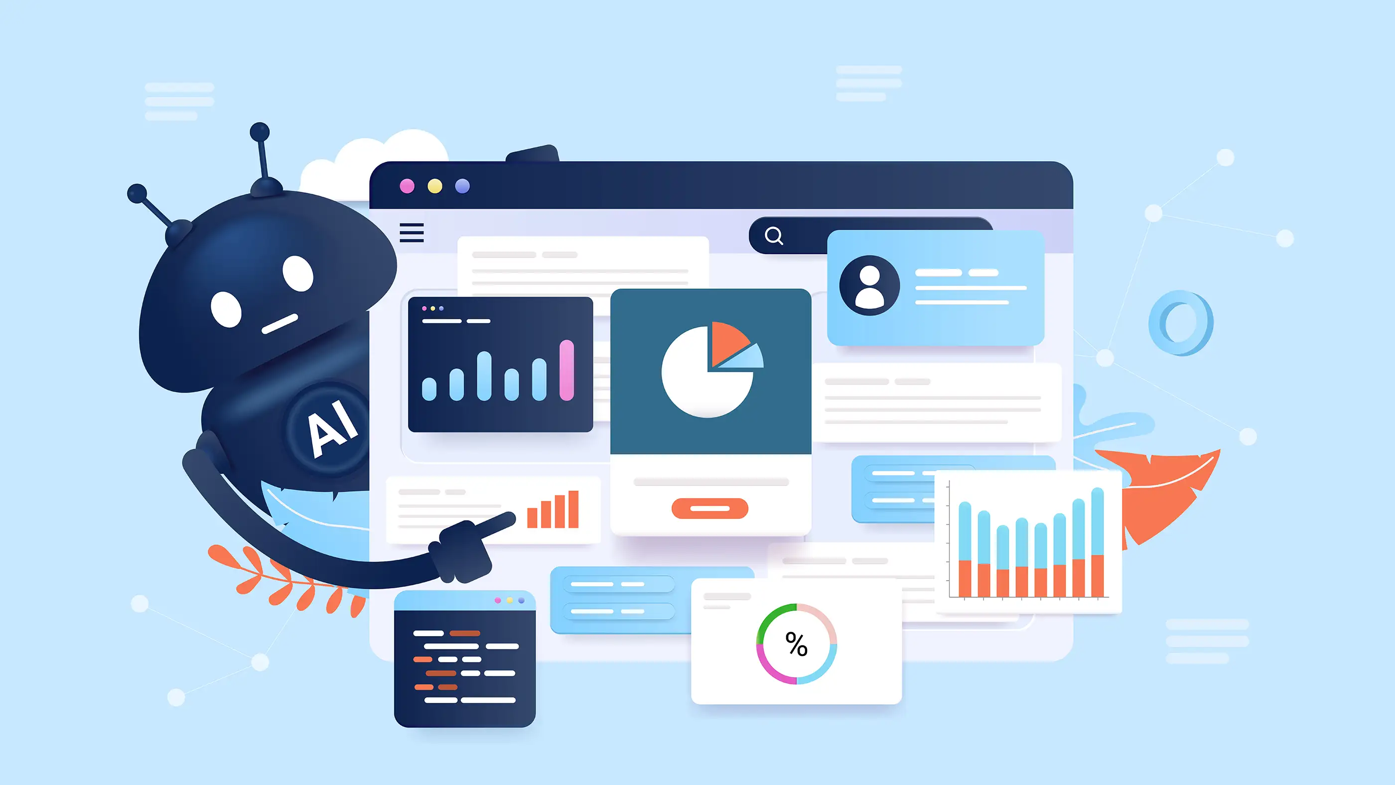 A graphic of a robot labeled "AI" pointing to graphs, charts, and other digital assets.