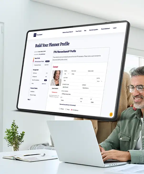 A couple smiles as they speak to a financial advisor online. A tablet showing the "Build Your Planner Profile" screen of PlannerSearch.