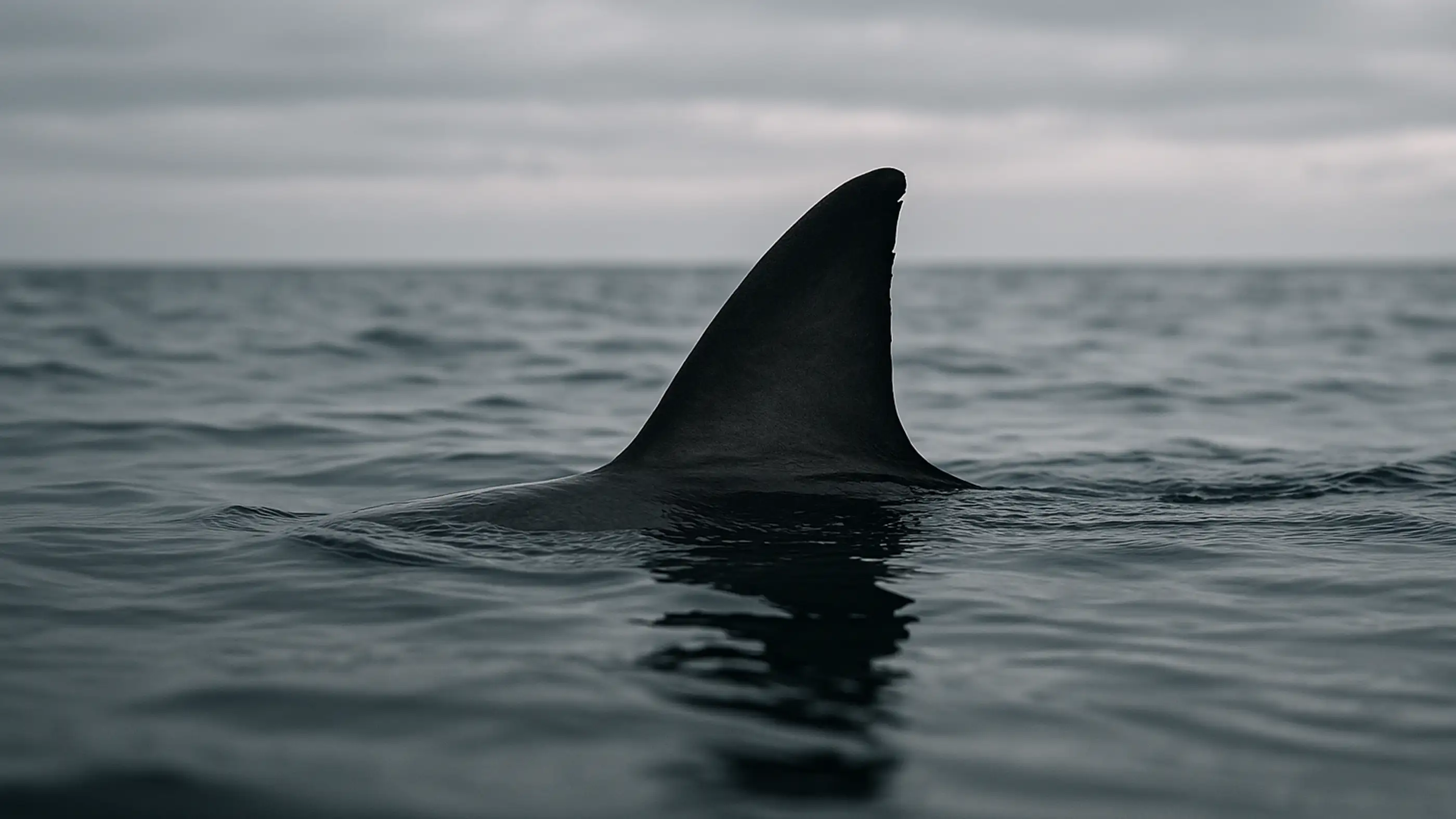 The fin of a shark is visible above the ocean waters on a gloomy, cloudy day.