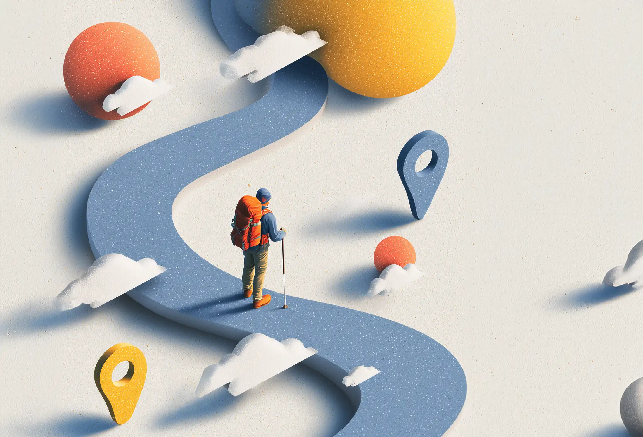 In a 3D landscape, a backpacker assesses which path to choose.