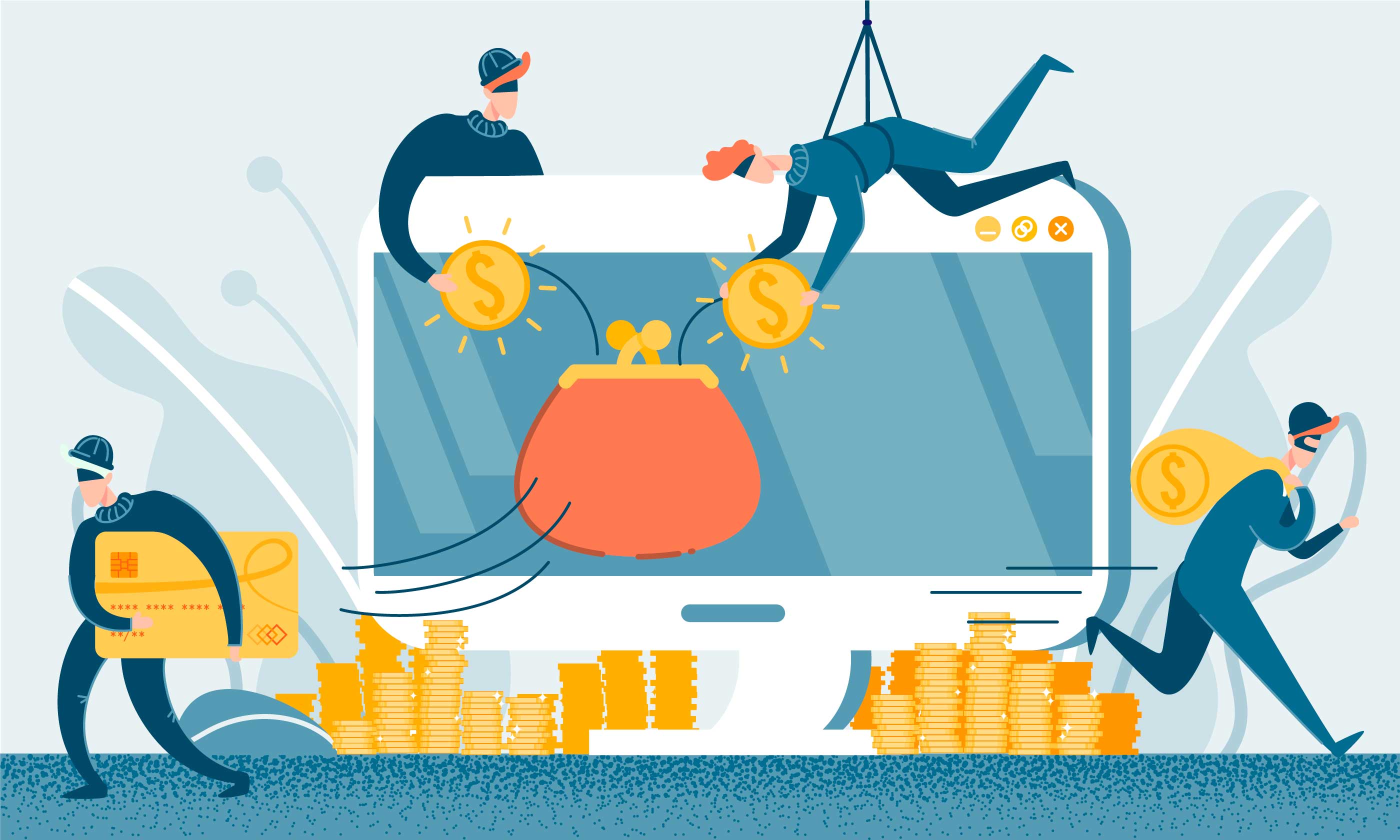 An illustration of a giant computer with a coin purse and four tiny robbers stealing money from the computer's coin purse.