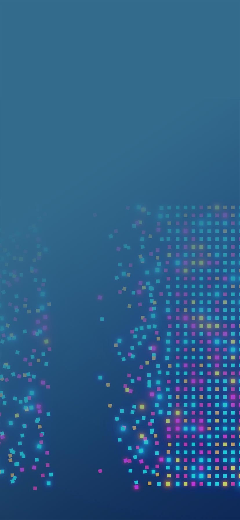 Digital data shown as tiny, colorful squares are scattered on the left, and slowly come together and align in rows organized by color on the right.