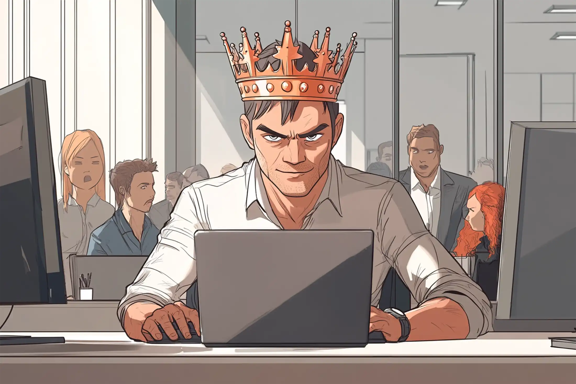 Illustration of a conniving-looking man at his desk in an office setting. He wears a crown because he is the king of the jerks.
