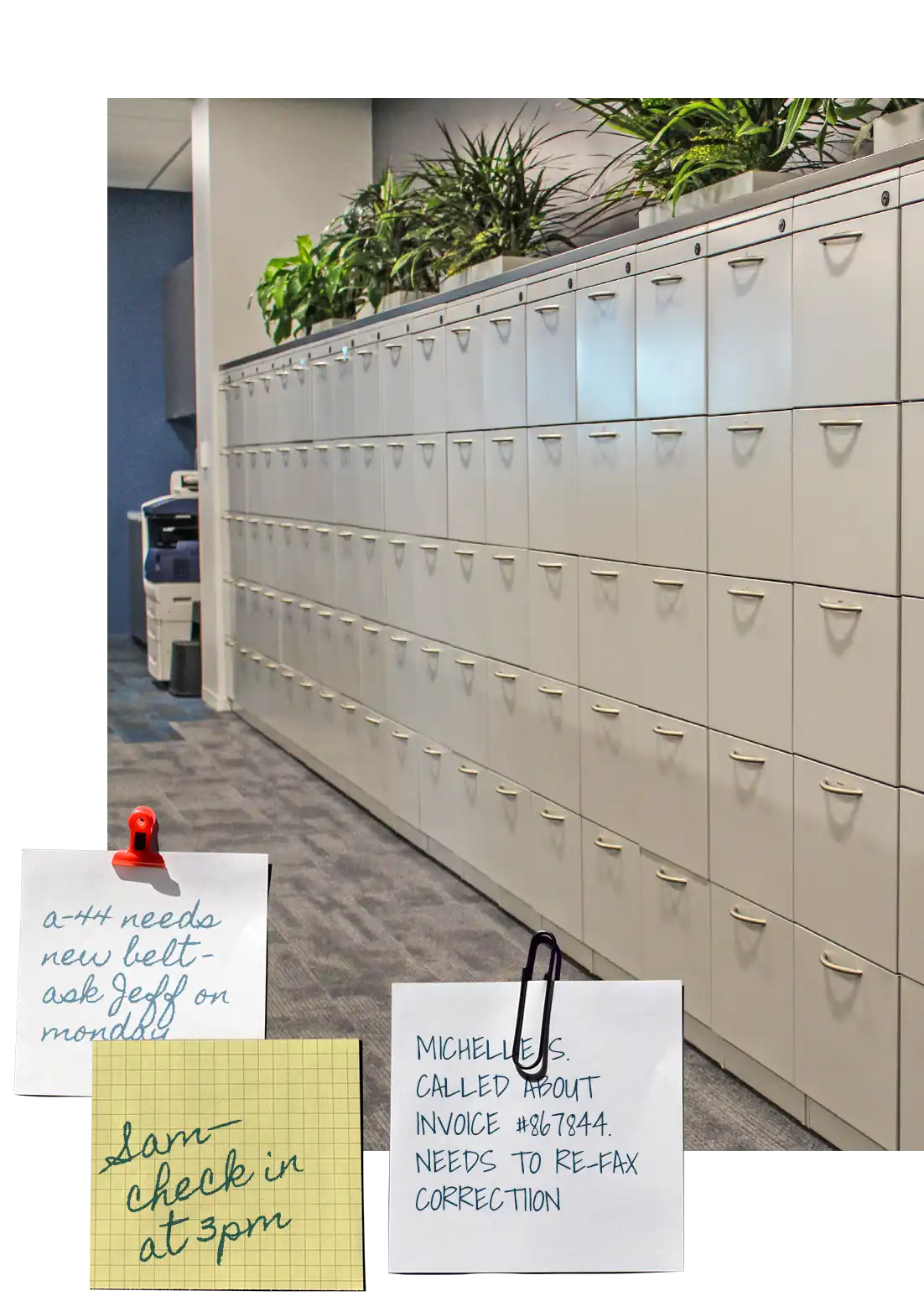 A photo of a wall of file cabinets is overlaid by several hand-written sticky notes to convey reminders or to-do items.