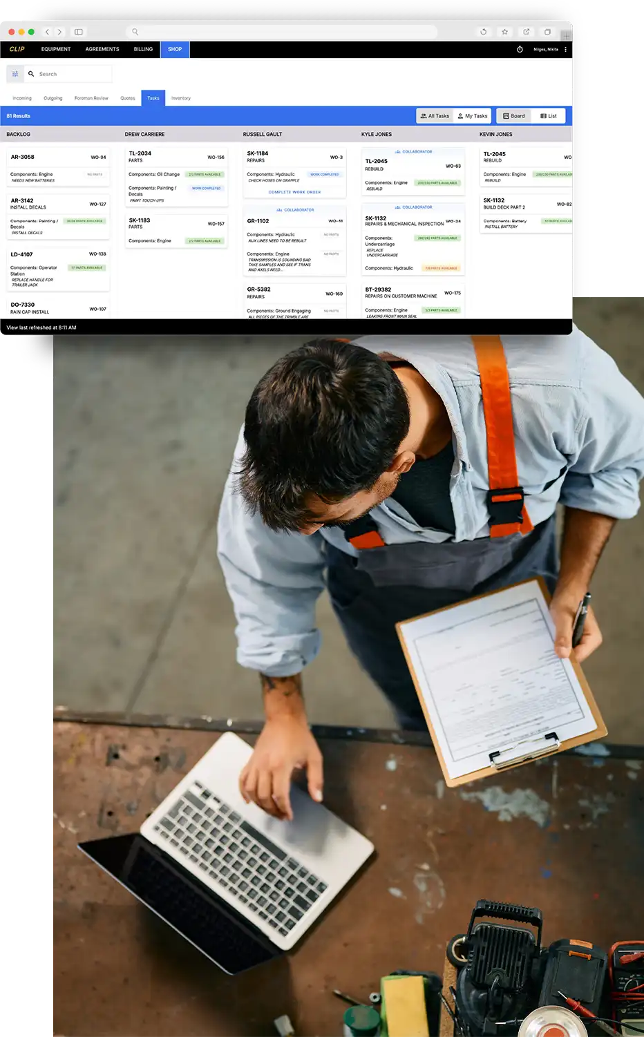 A mechanic uses CLIP to check the status of a part he's waiting on.