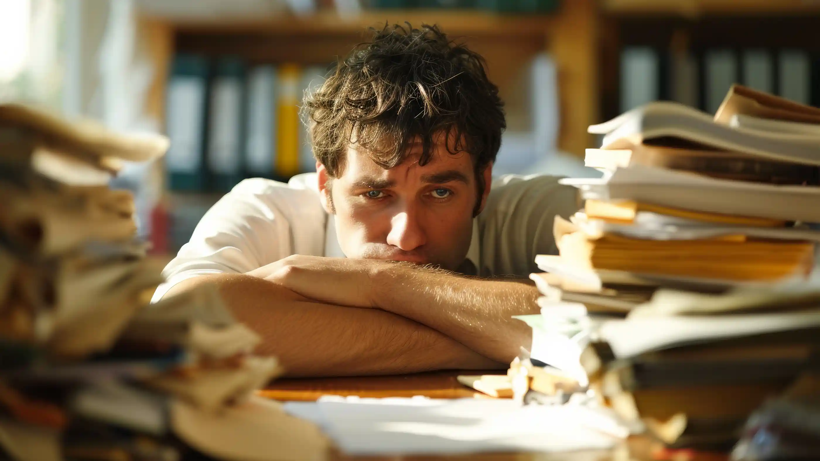 Scope creep piles on. A man crosses his arms and lays his head on his desk, looking defeated at the unending piles of paperwork on his desk.