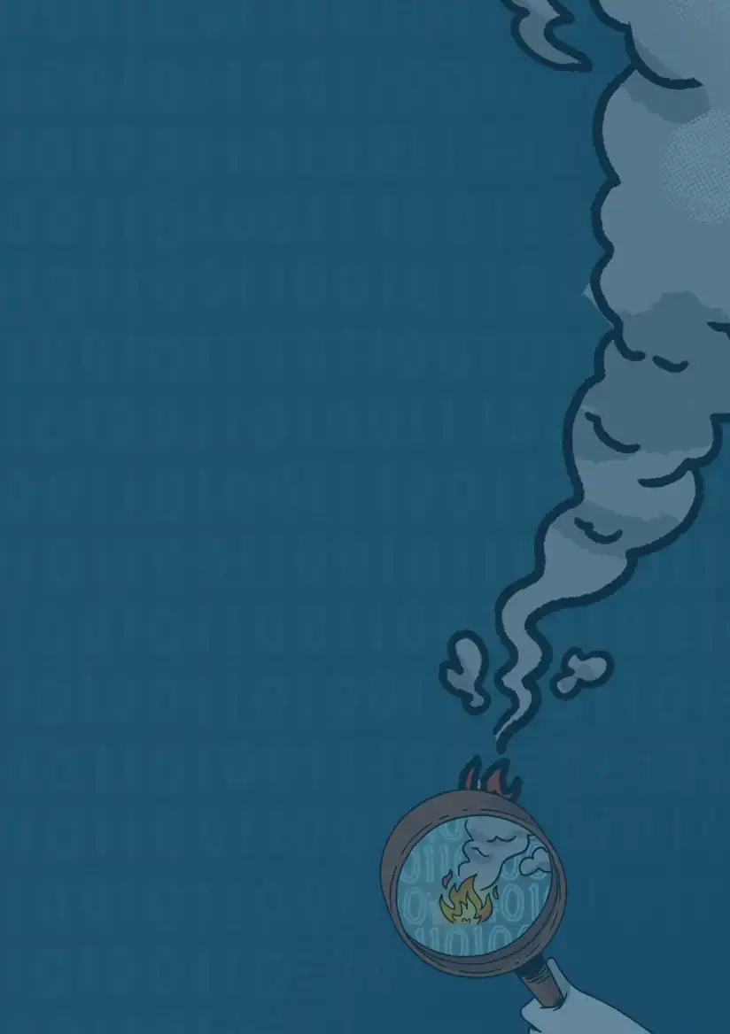 Inspector Downy inspects binary code with a magnifying glass to locate the source of a fire.