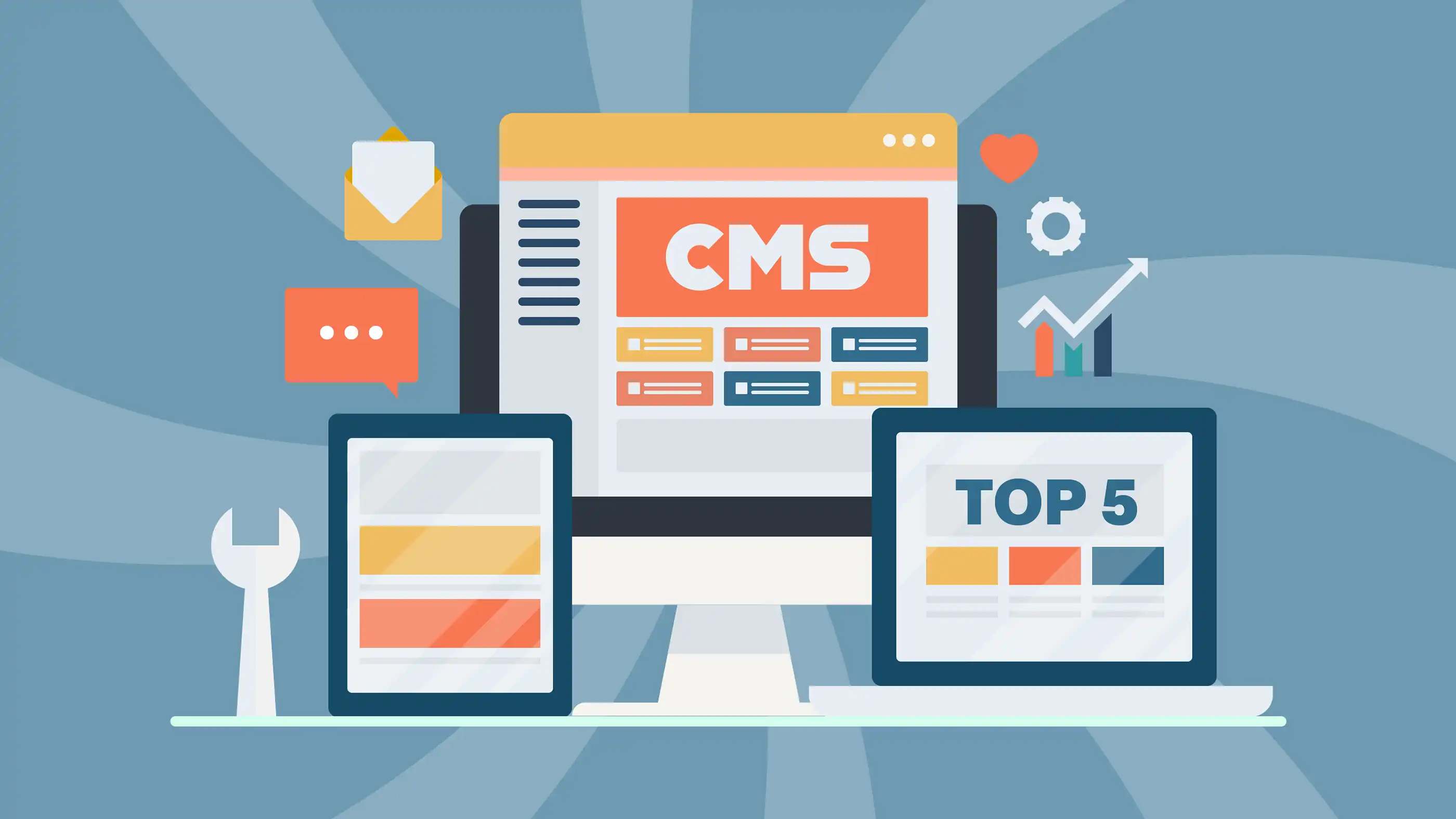 A cute graphic of a computer monitor, laptop screen, and tablet all showing CMS related text and graphics.