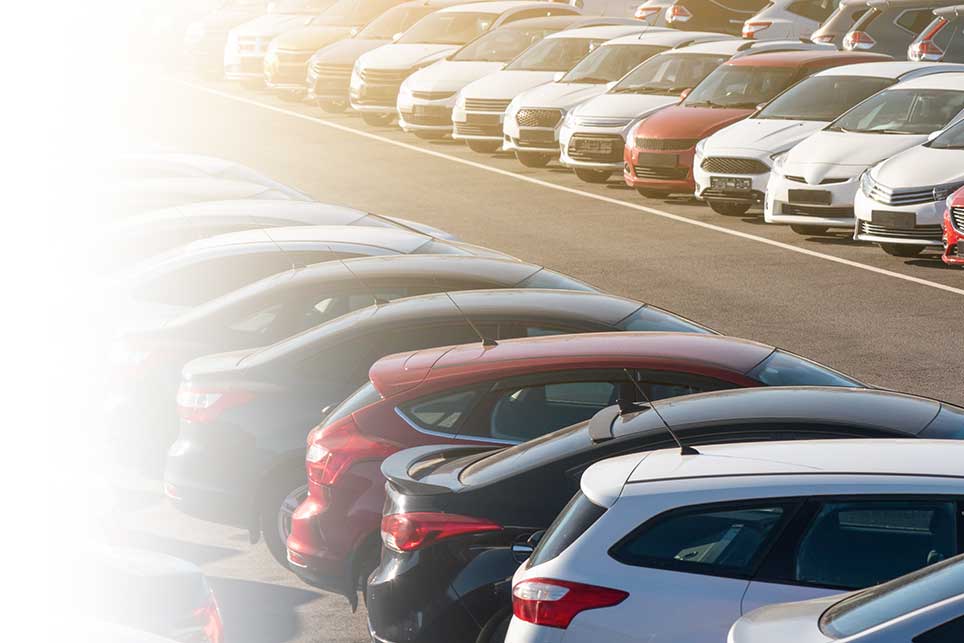 Cars lined up in a large lot at a dealership.